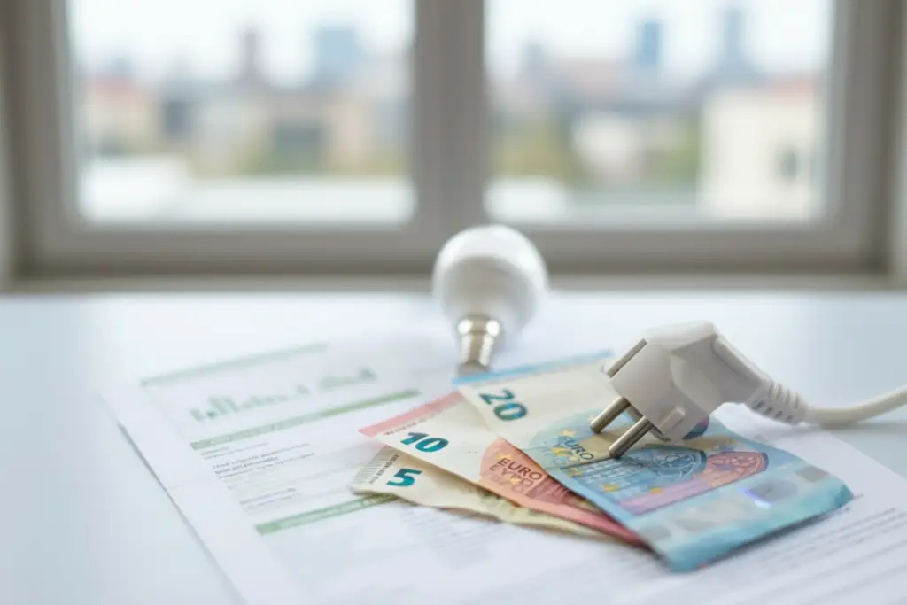 Ahorro energético en el hogar: Factura de electricidad, billetes de euro, enchufe y bombilla como símbolo de la eficiencia con ventanas de PVC.