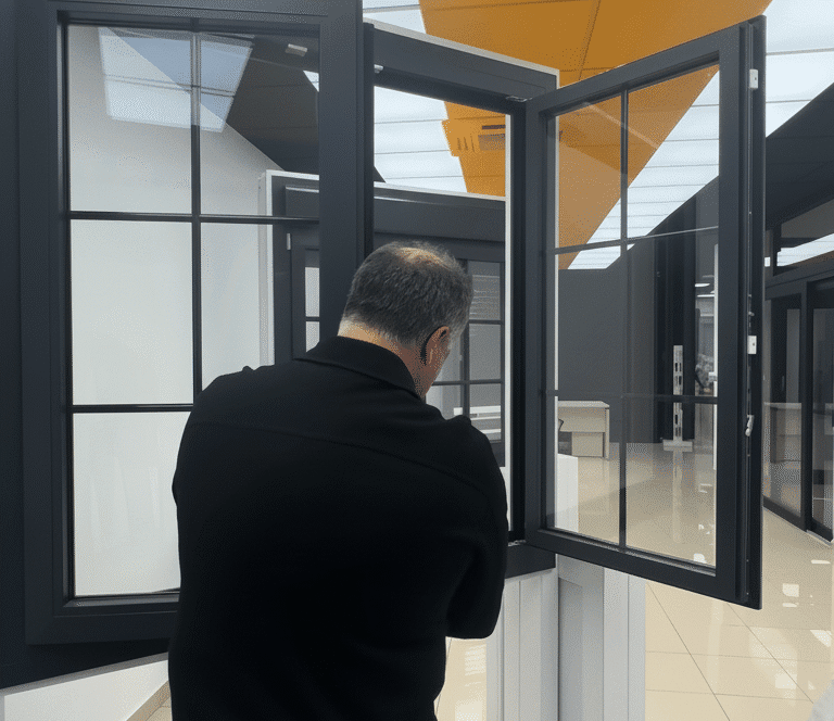 Cliente-asesoramiento-ventana-PVC-negra-cuadricula-exposicion