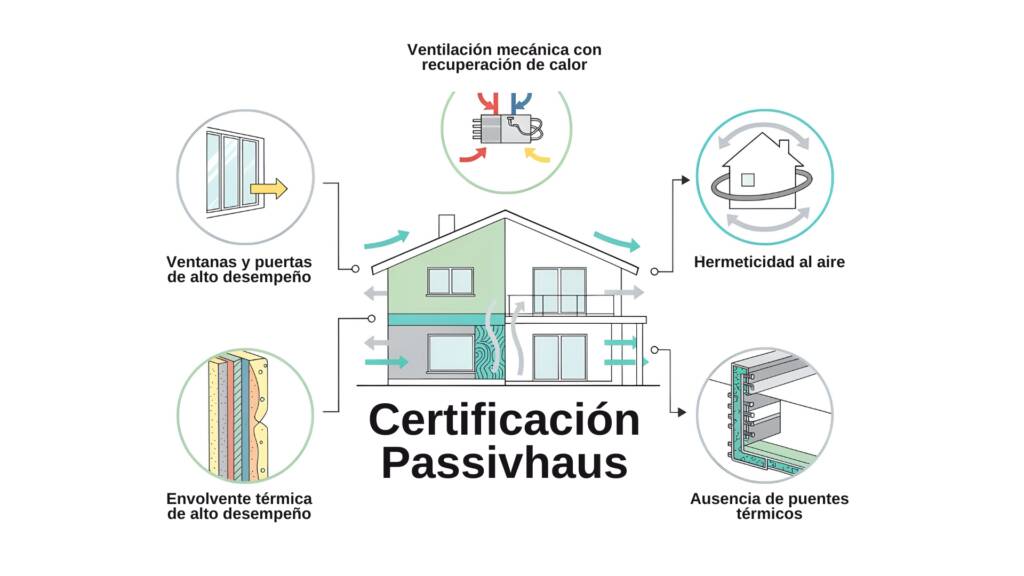 Diagrama explicativo de los 5 principios fundamentales de la Certificación Passivhaus: hermeticidad, envolvente térmica, ventilación y ventanas de alto desempeño