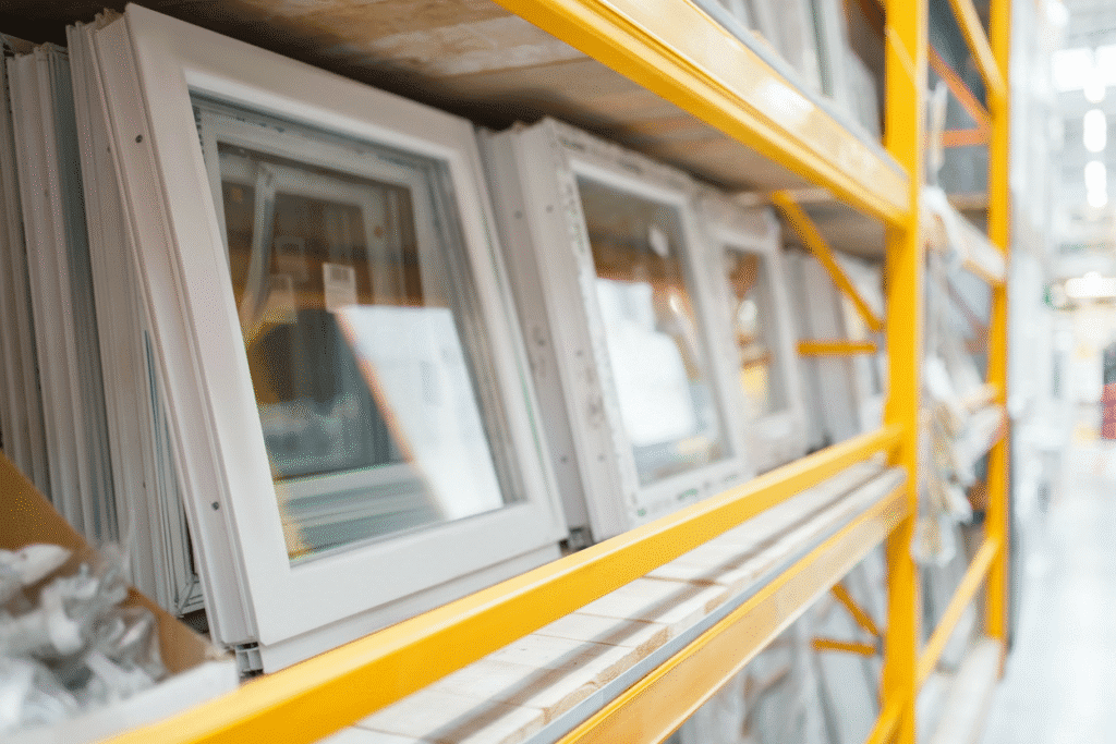 ventanas de PVC GEALAN terminadas almacenadas estantería amarilla fábrica