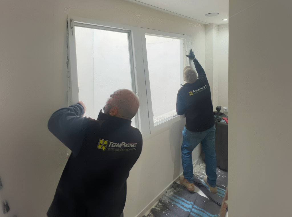 Instalación de ventanas TermProtect en interior, dos técnicos especializados montando un marco de ventana blanca.