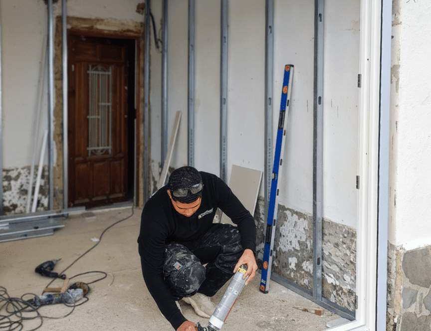 Instalación de placa de yeso laminado (pladur) con perfilería metálica y sellado de ventana con masilla aislante
